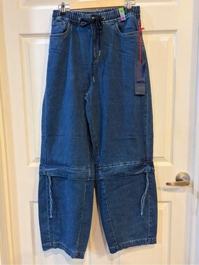 NWT VIBRANT Zip Off Barrel Baggy Jeans with Drawstring Waist Medium Stone Wash